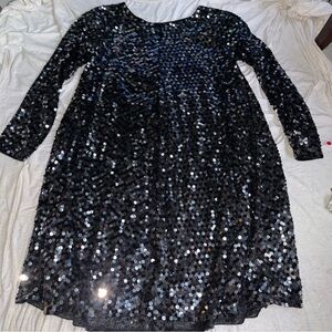 Vintage 70s Lilie Rubin black sequins long sleeve flowy flared dress s14